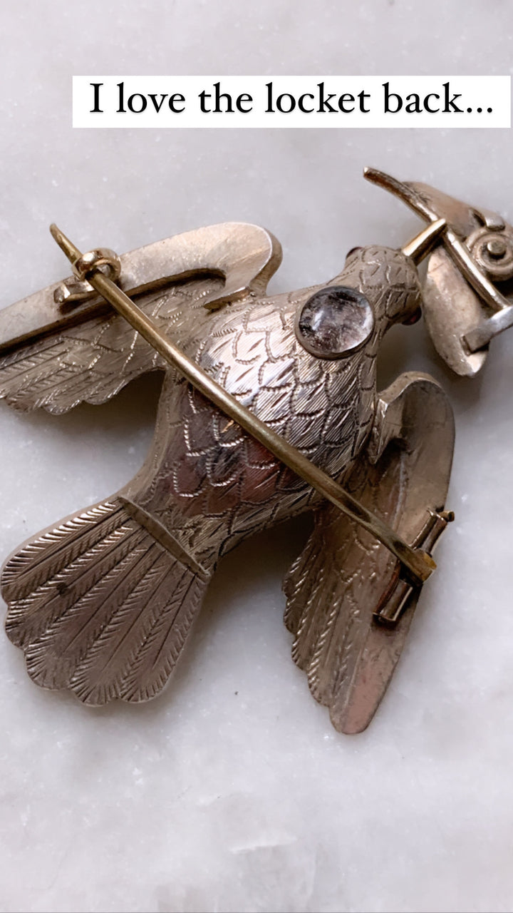 Outstanding Sterling and Turquoise Locket Brooch of Dove Delivering a Forget-Me-Not