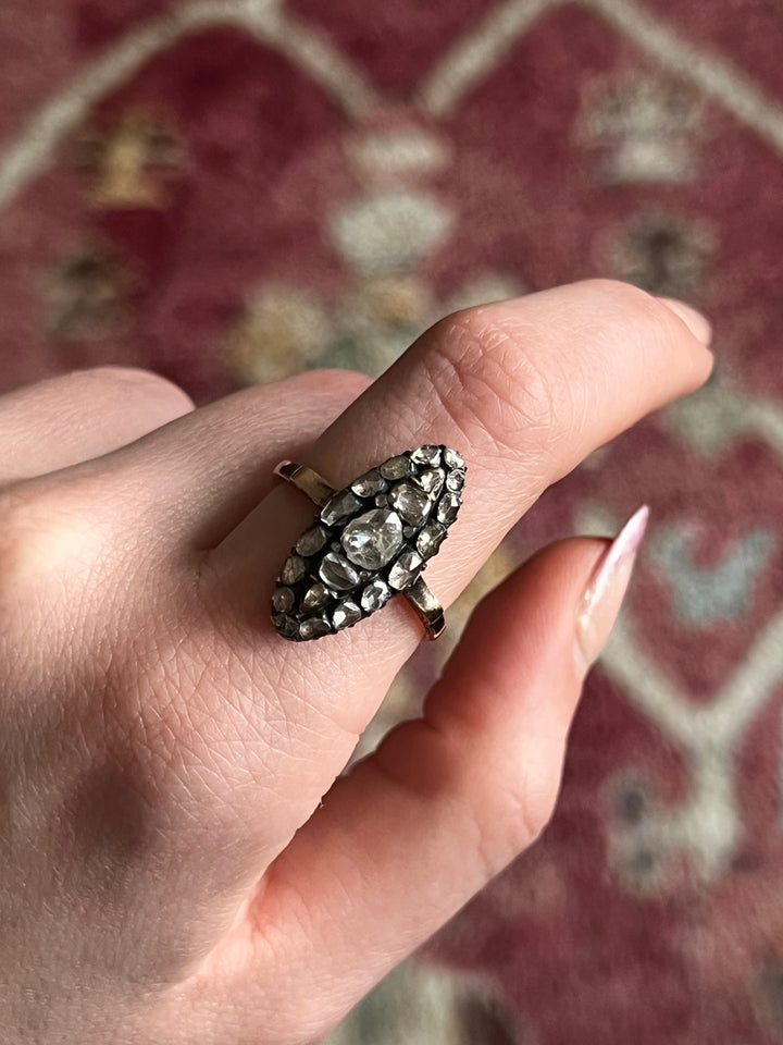 Stunning French Victorian Rose Cut Diamond Navette Ring in 14ct