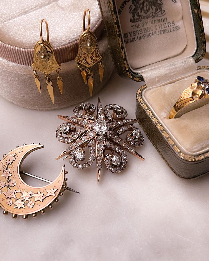 9k Victorian Forget-Me-Not Embellished Crescent Brooch + 9k Victorian Albert Chain