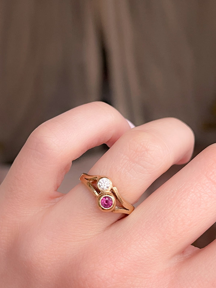 14k Bezel Set Ruby and Diamond Toi-Et-Moi Ring