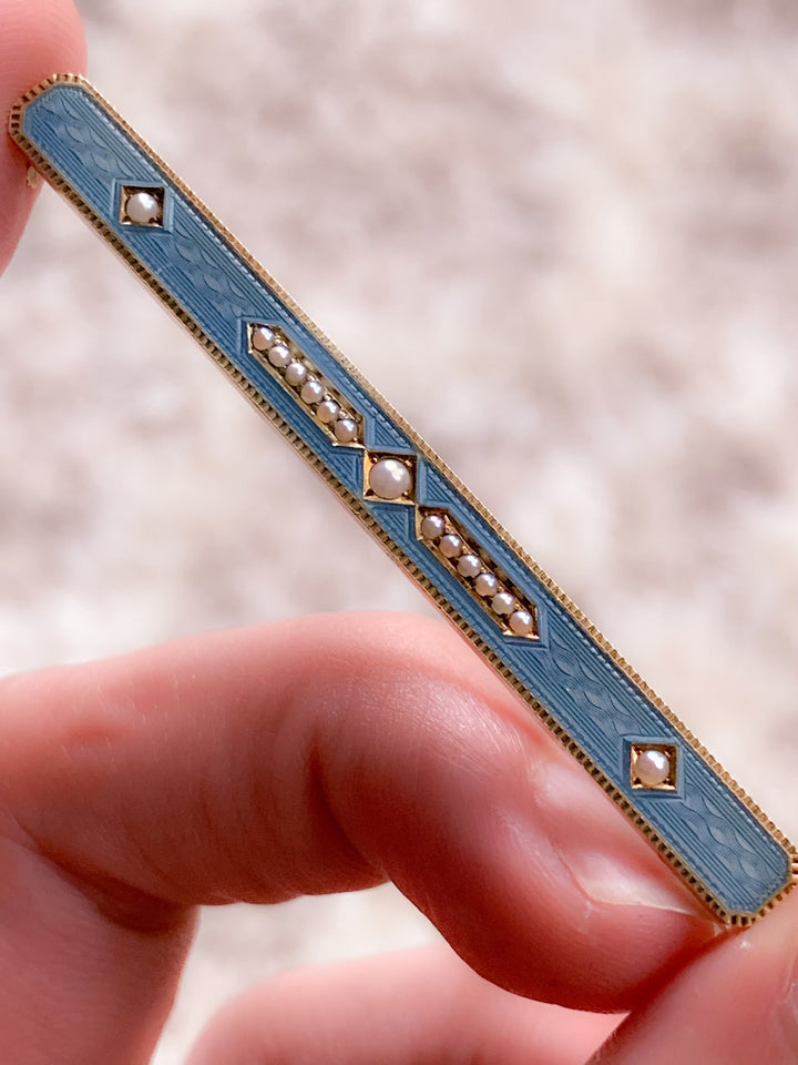 Blue Enamel Bar Brooch with Pearls, Circa 1910