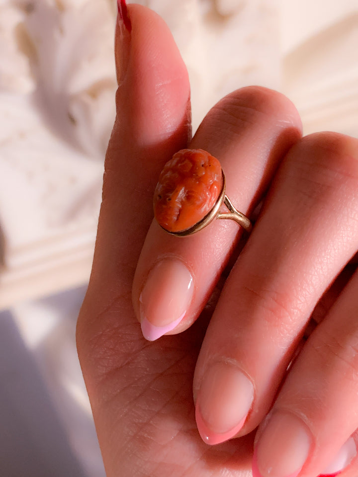 Rare 17th Century Carved Coral Cameo Conversion Ring in 14k
