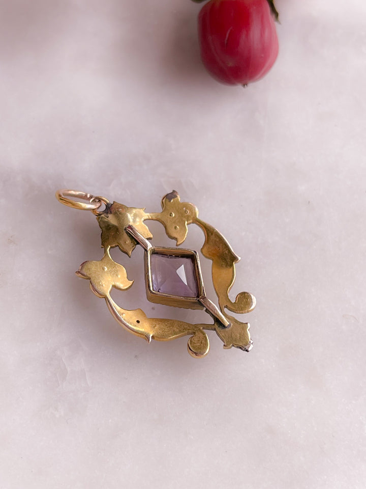 9k English Edwardian Lavaliere Pendant with Amethyst and Pearl (INCLUDE PINK STONE LAVALIER PEARL PENDANT)