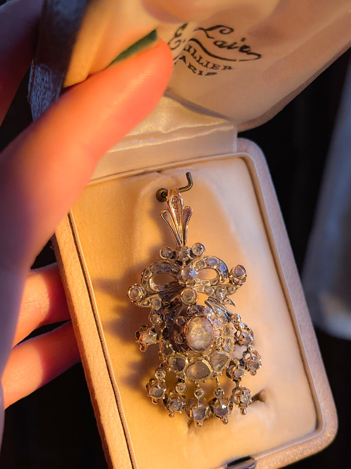 18k and Sterling Silver Rose-Cut Diamond Bow Pendant *include white and red ribbon*