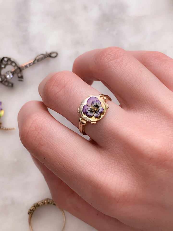 Antique 14k & Enamel Pansy Conversion Ring