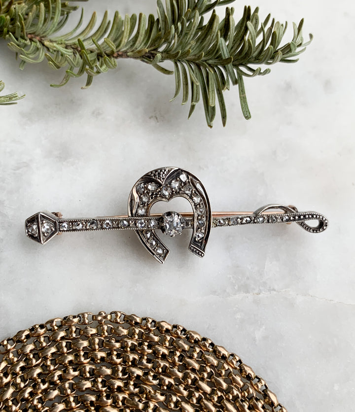 Superb 18k and Sterling French Hallmarked 19th Century Horseshoe Diamond Brooch