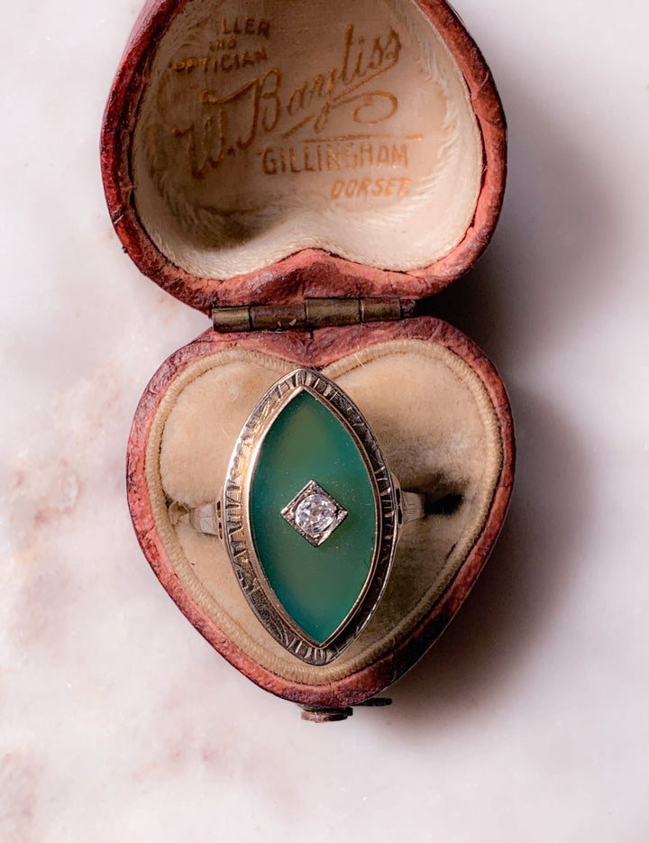 Glorious Green Chrysoprase and Diamond Ring in 10k