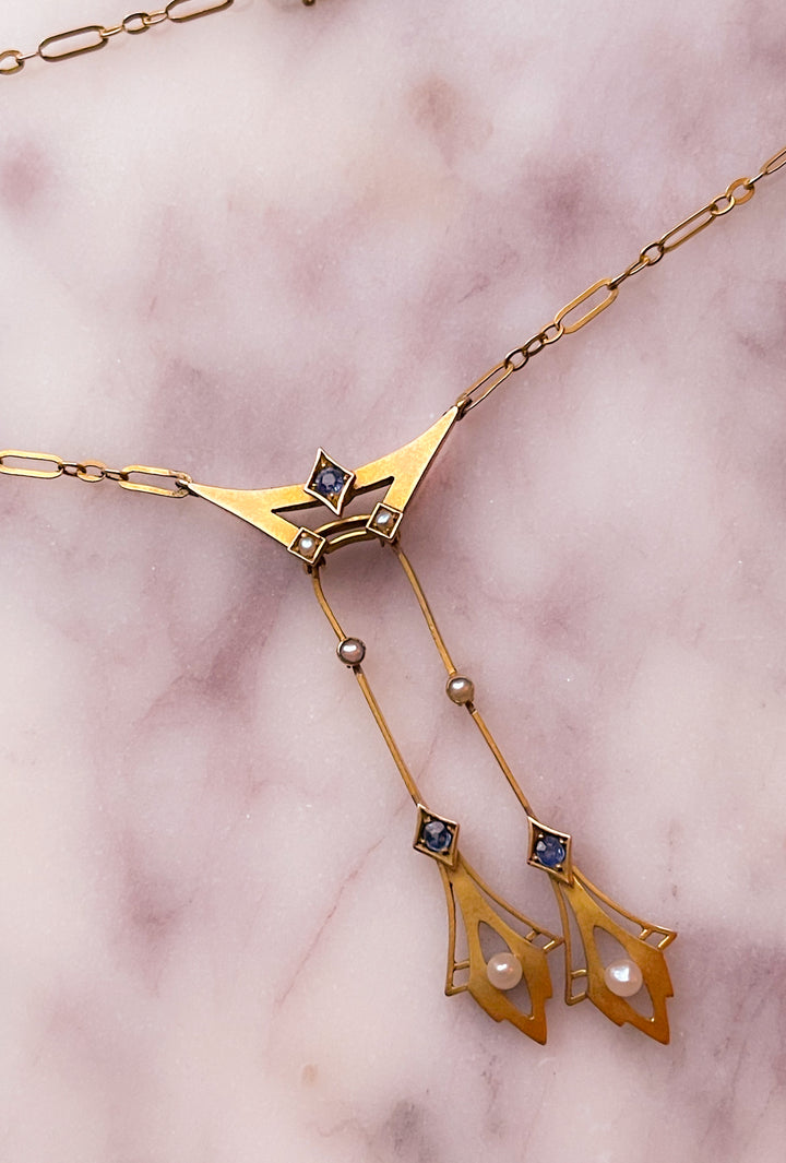 Exceptional Pre-Deco Sapphire and Pearl Lavaliere Necklace in 9k