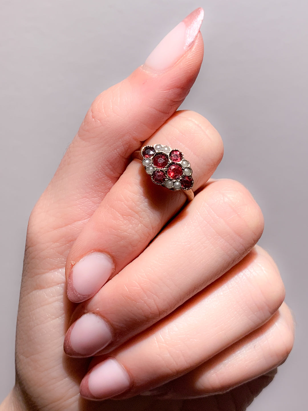 Gorgeous 14k Garnet and Pearl Plaque Ring