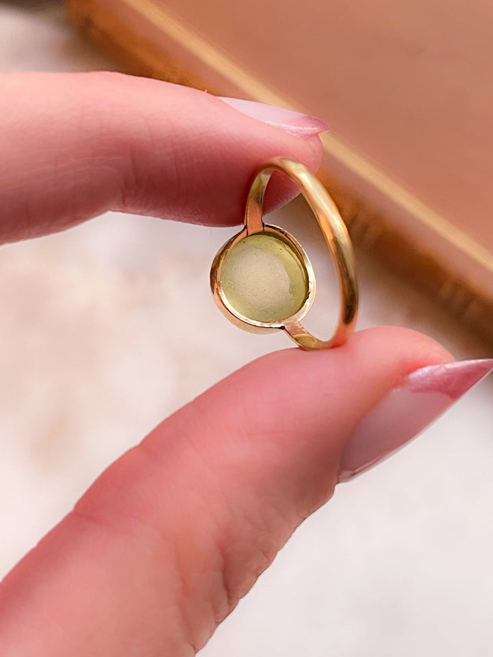 French 18k Ring Featuring Sphere of Sage Green Glass to Mimic Peridot