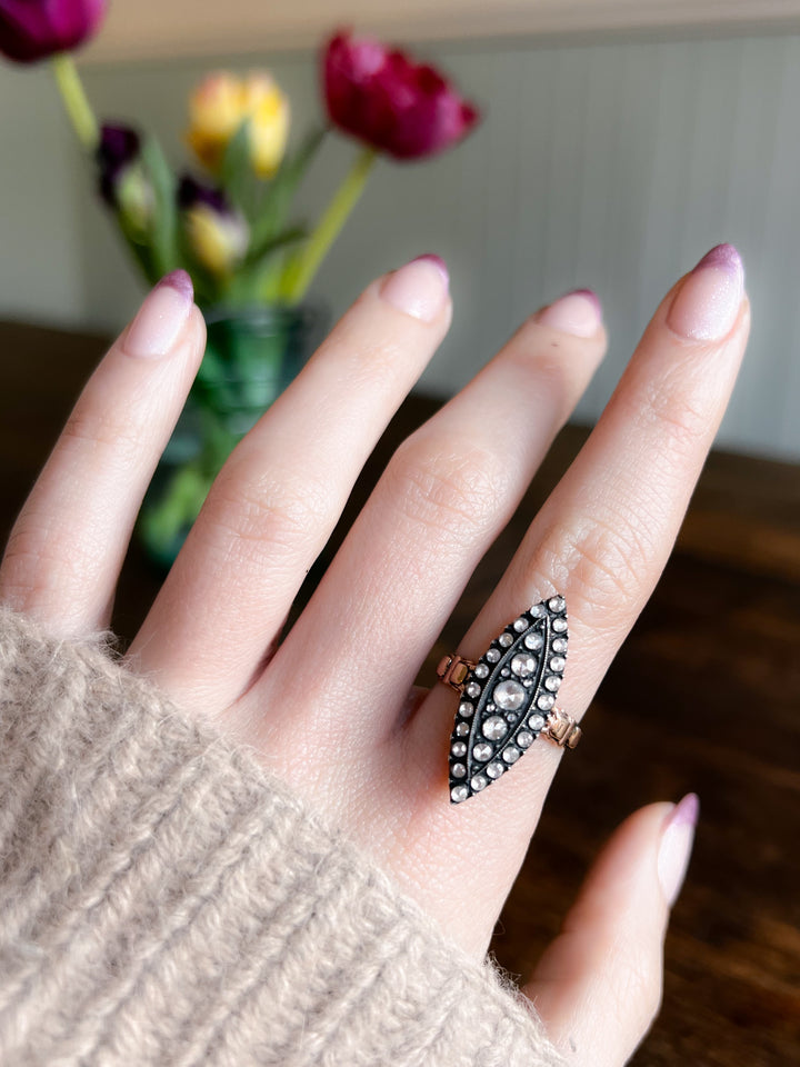 Superb Victorian Rose Cut Diamond Navette Ring in 14ct