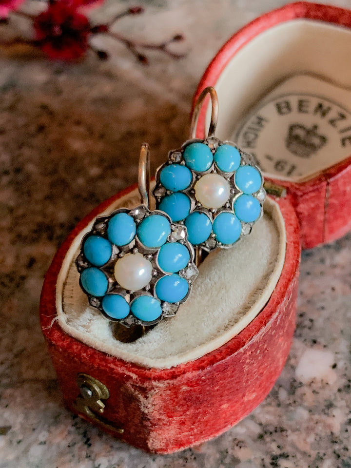 *White Ribbon* Exceptional Victorian Turquoise and Rose-Cut Diamond Earrings in 15k