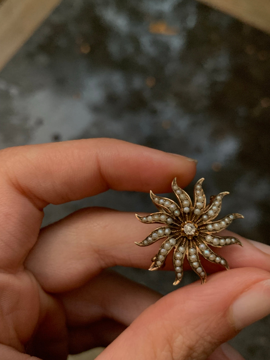 Extremely Cute American 14k Starburst Brooch with S Hook Circa 1900 with Seed Pearls and Diamond, 1” diameter
