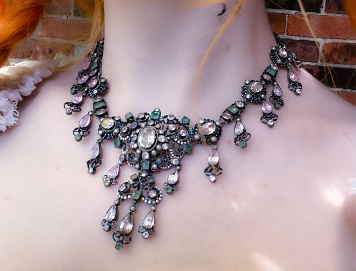 Important Foiled Pink Topaz, Emerald, Pearl, and Enamel Necklace in 18k and Sterling