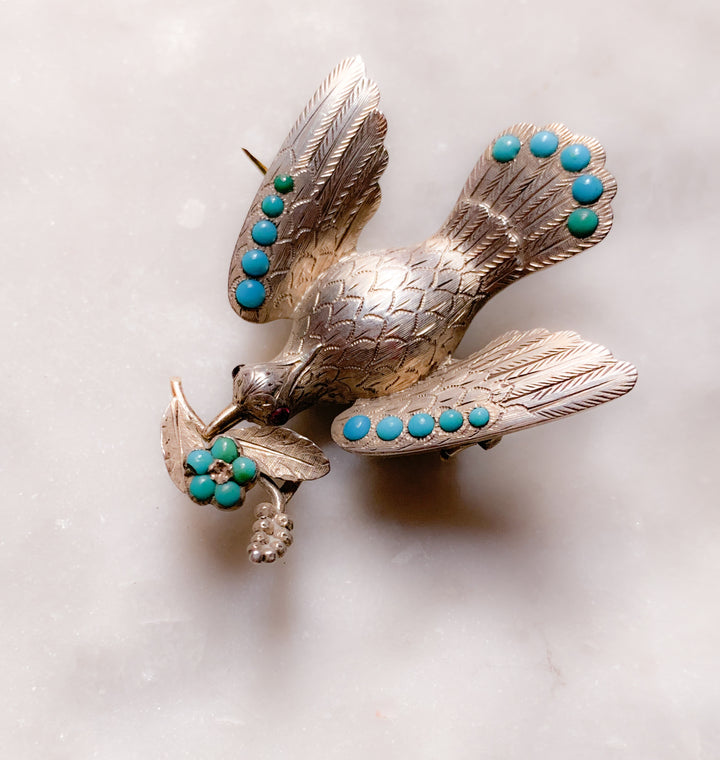 Outstanding Sterling and Turquoise Locket Brooch of Dove Delivering a Forget-Me-Not