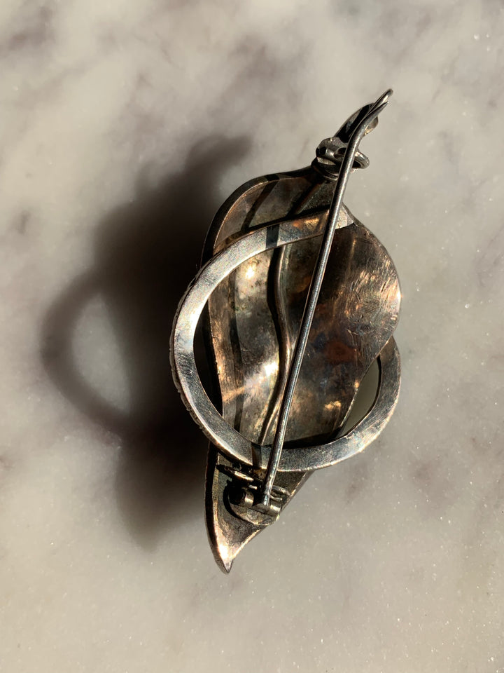 Sterling Victorian Serpent Brooch of 2” in Pearl, Turquoise and Garnet