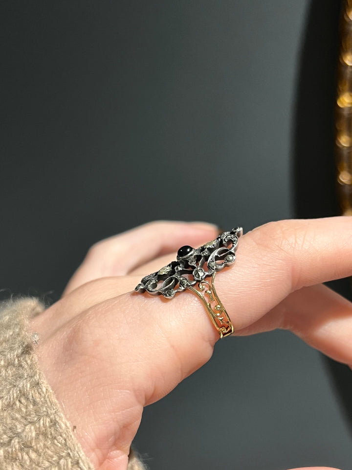 Fine 19th C French Marcasite, Diamond And Garnet Ring