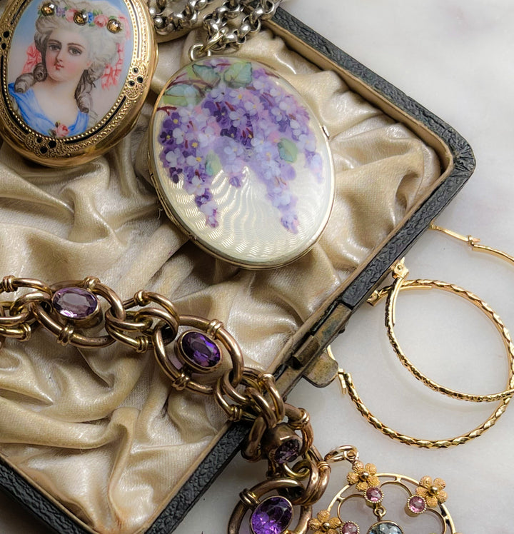 Edwardian Enamel and Sterling Silver Locket Depicting Wisteria Blooms on Verdant Vine *include purple and 'wheat' ribbon*