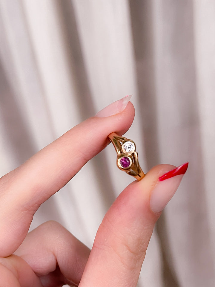 14k Bezel Set Ruby and Diamond Toi-Et-Moi Ring