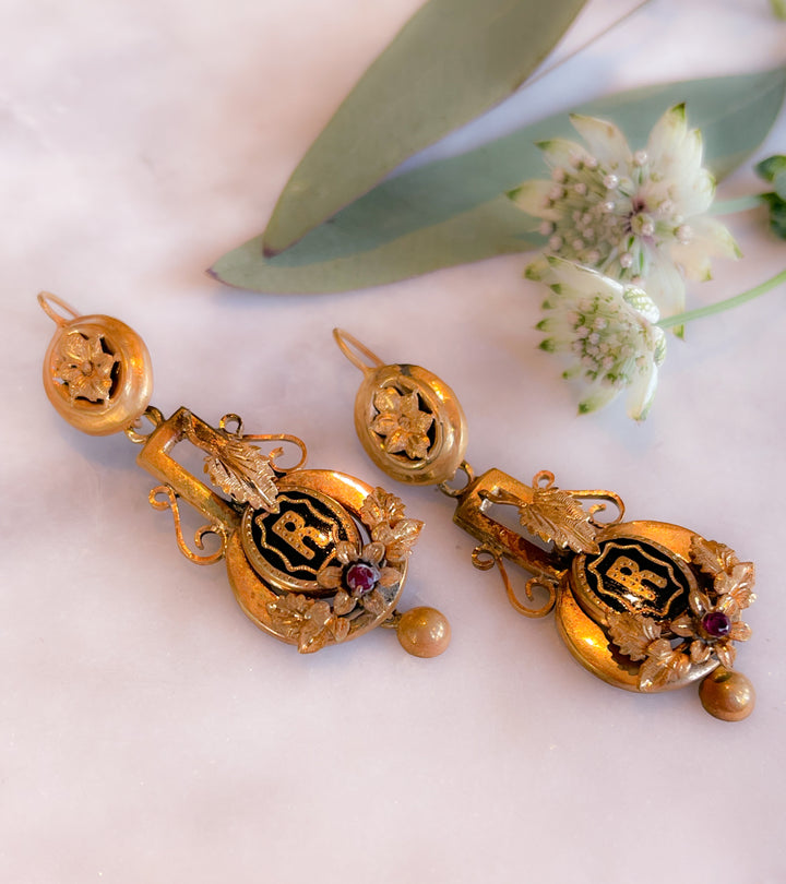 Victorian R Initial Earrings in Black Enamel and 14k