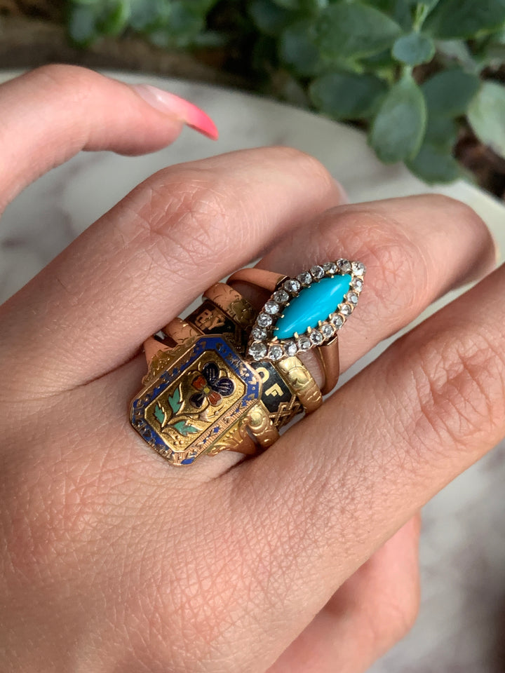 Exceptional Victorian Turquoise and Diamond Navette Ring