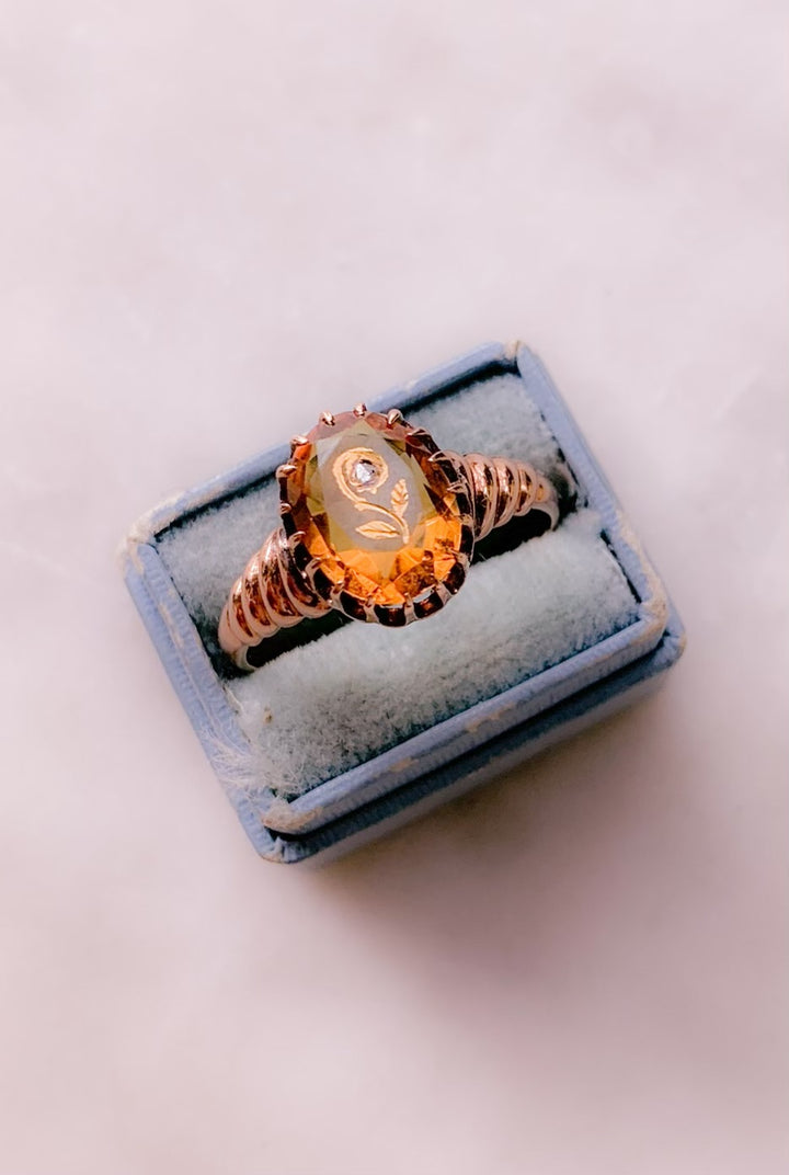 Pink Gold and Diamond Set Citrine Ring Circa 1890