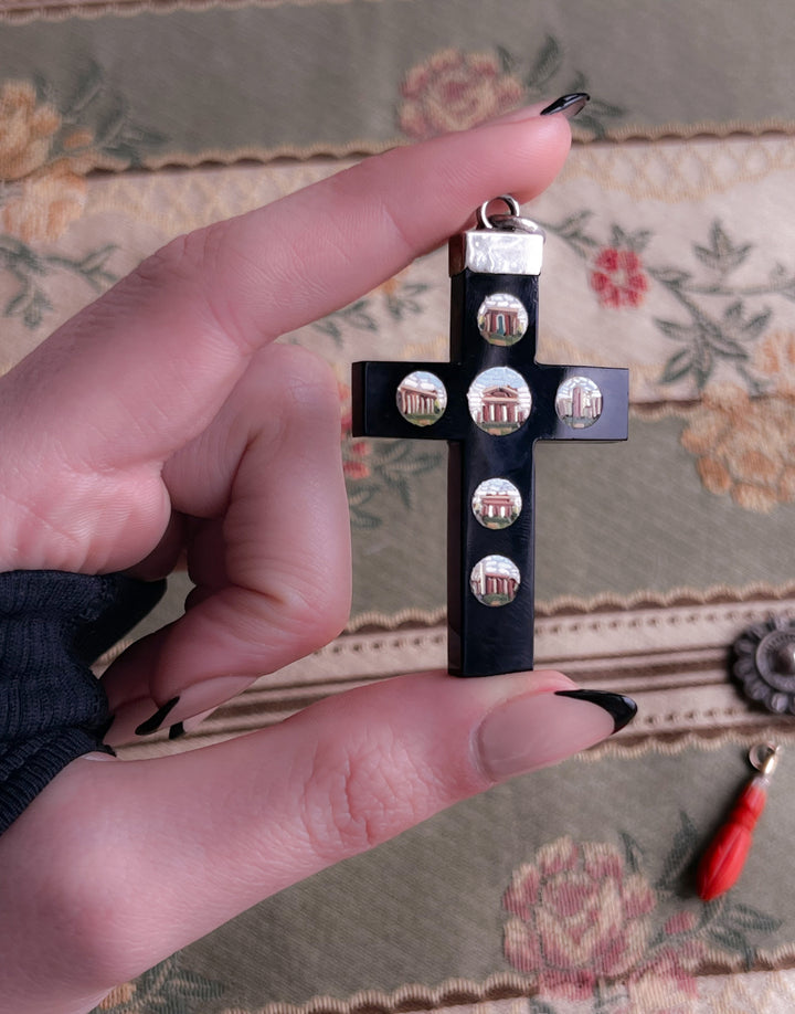 Stunning Onyx and Micromosaic Cross in Sterling