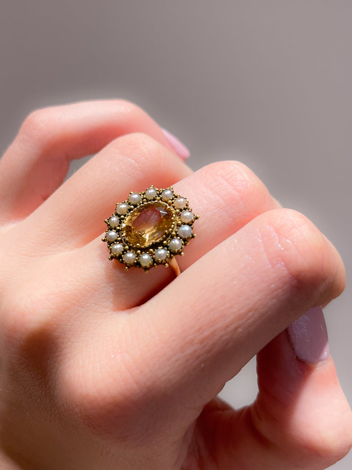 Superb 15ct Topaz and Pearl Mid Victorian Ring