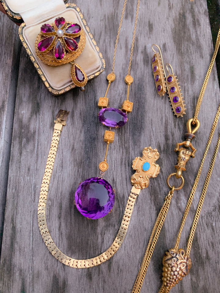 Almandine Garnet Etruscan Brooch in 14k *Include yellow velvet ribbon*