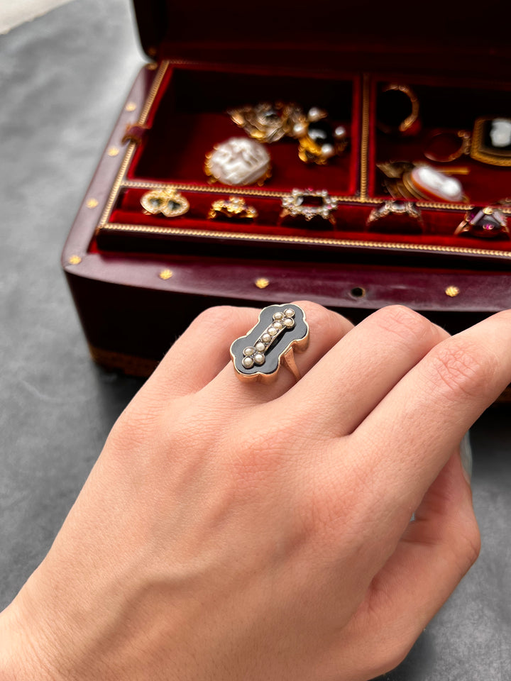 Black Chalcedony and Pearl Ring in 14k