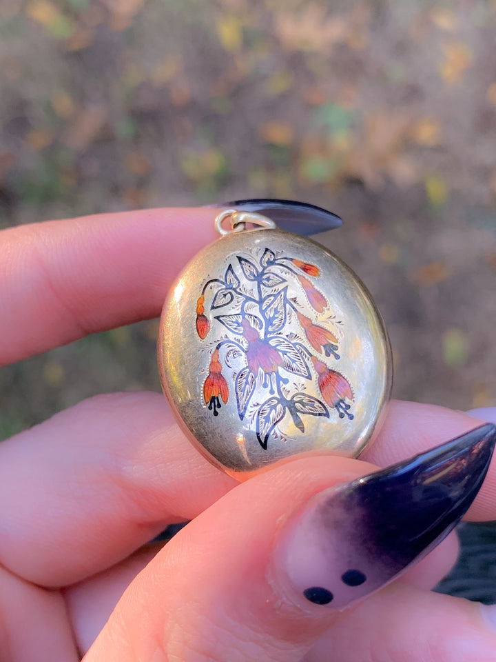 15k Enamel Fuchsia Bell Flower Locket Circa 1910