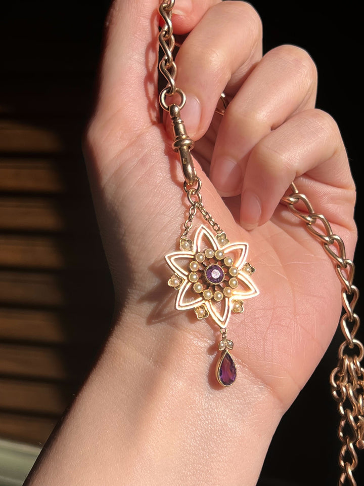 Exceptional 15k Edwardian Amethyst and Pearl Star Lavalier Circa 1910