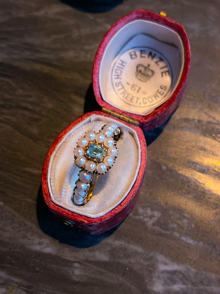 Superb Georgian Ring in 15k with Emerald Center and Pearl Halo