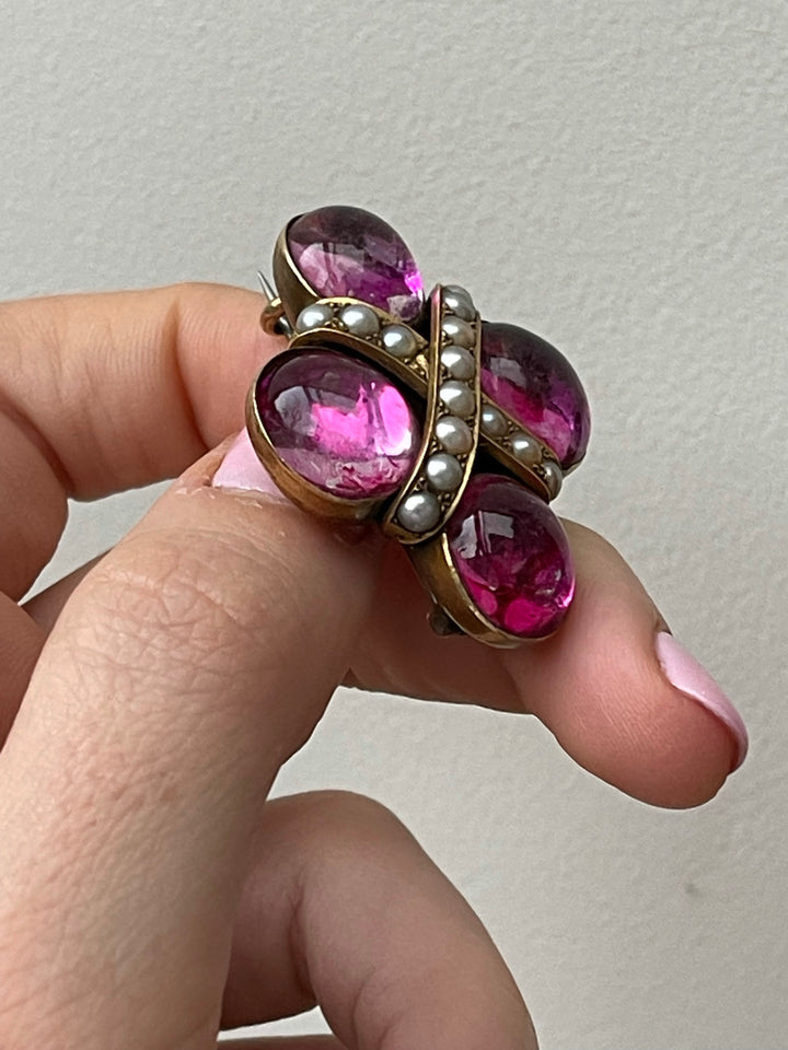 Victorian Vivid Pink Foiled Rock Crystal Brooch in 15k with Pearls