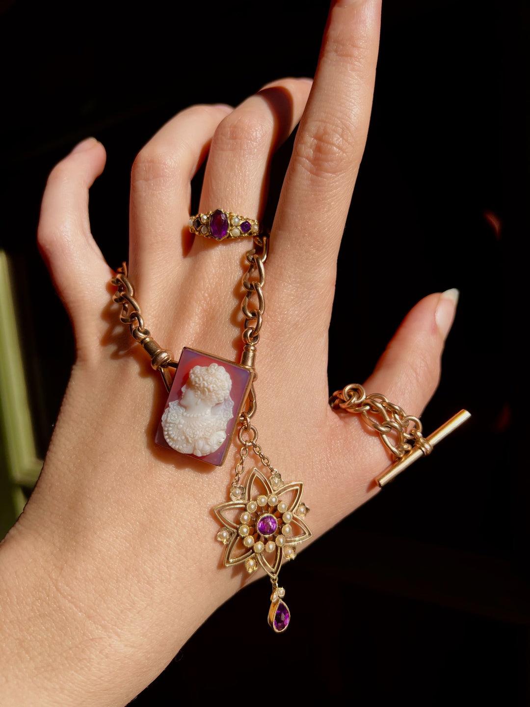 Exceptional 15k Edwardian Amethyst and Pearl Star Lavalier Circa 1910
