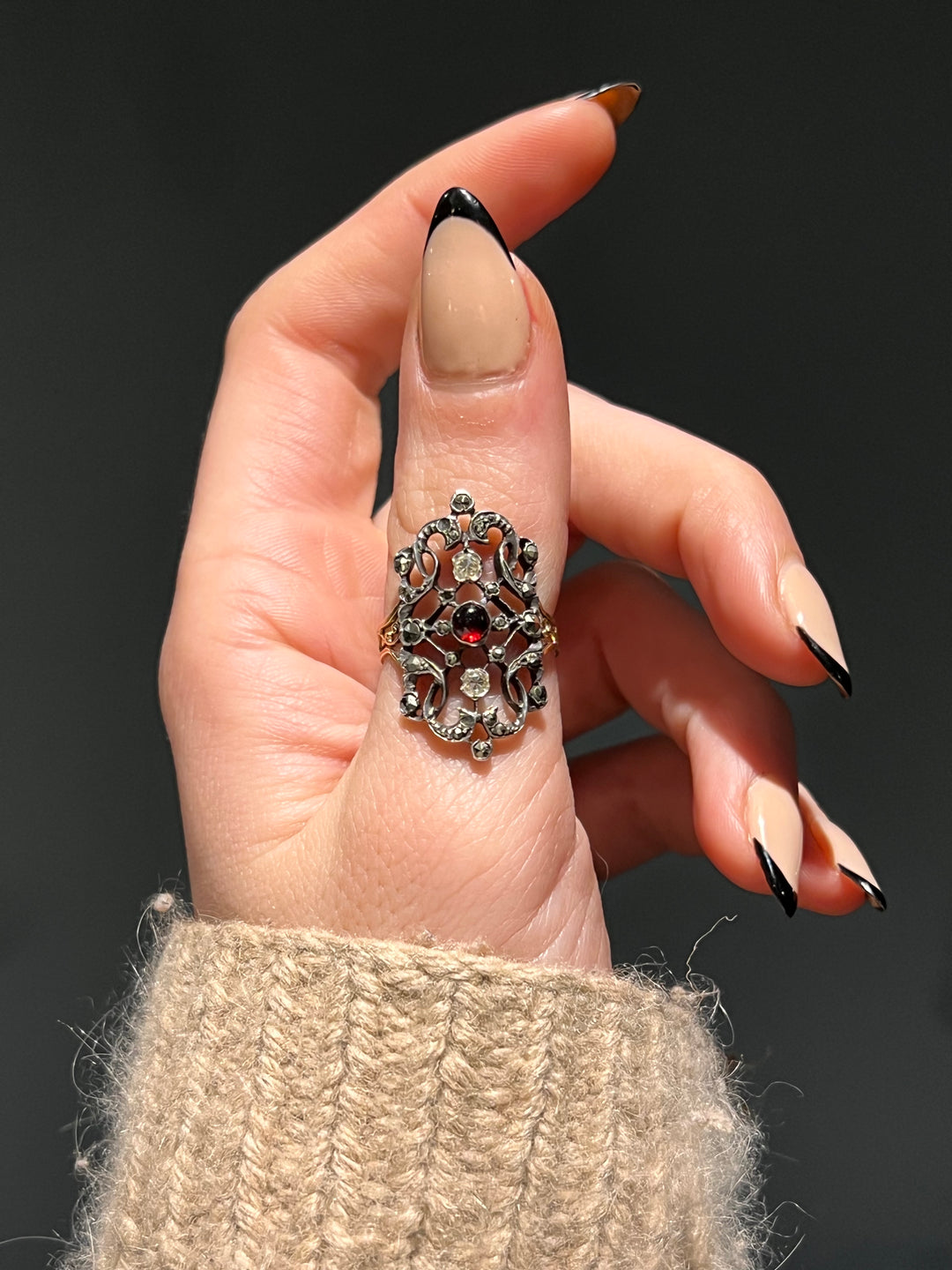 Fine 19th C French Marcasite, Diamond And Garnet Ring