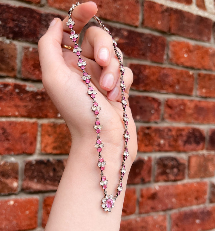 Glorious English Victorian Pink Topaz and Diamond Color Paste Collar