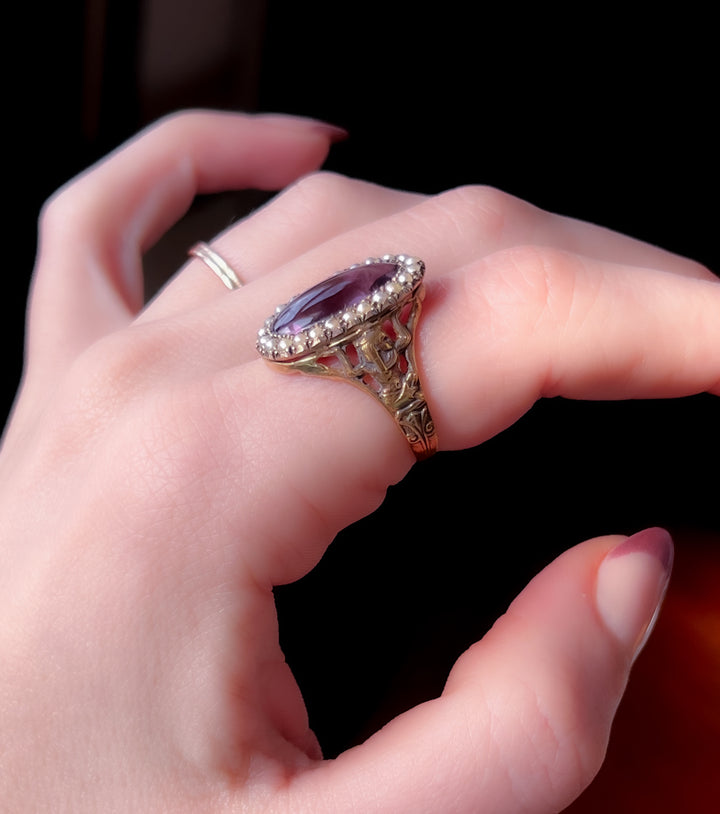 Superb Amethyst And Seed Pearl Victorian Conversion Ring