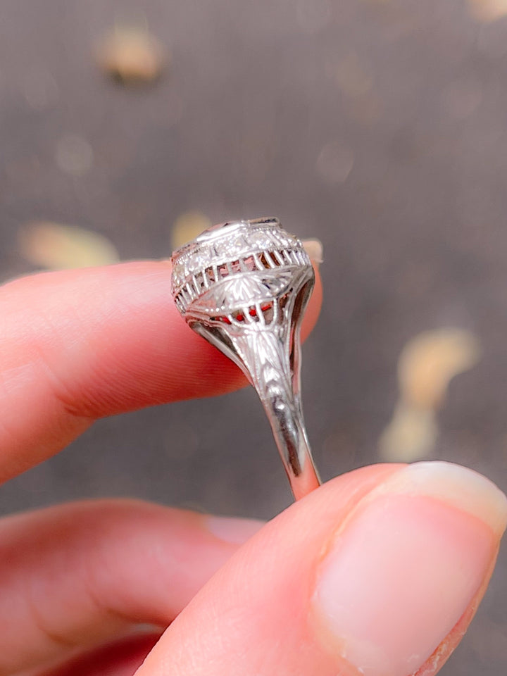 Art Deco Platinum Ring with Pink .90ct Tourmaline and Diamonds