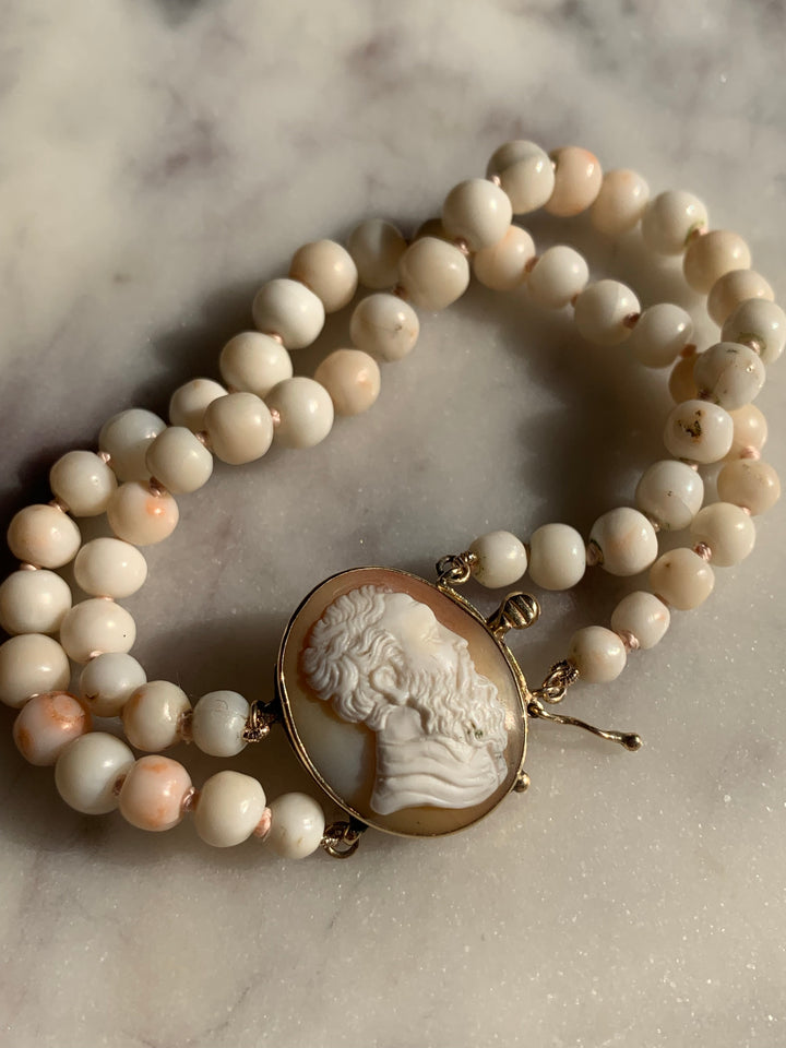 14k Cameo Angel Skin Coral Bracelet w/ Purple Ribbon