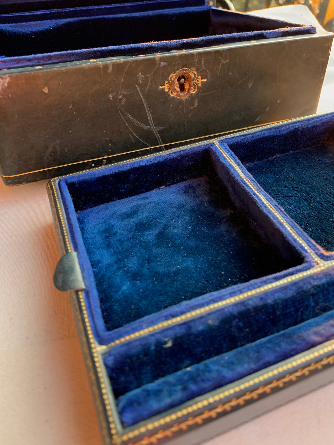Victorian Dome Top Leather & Blue Velvet Jewel Box