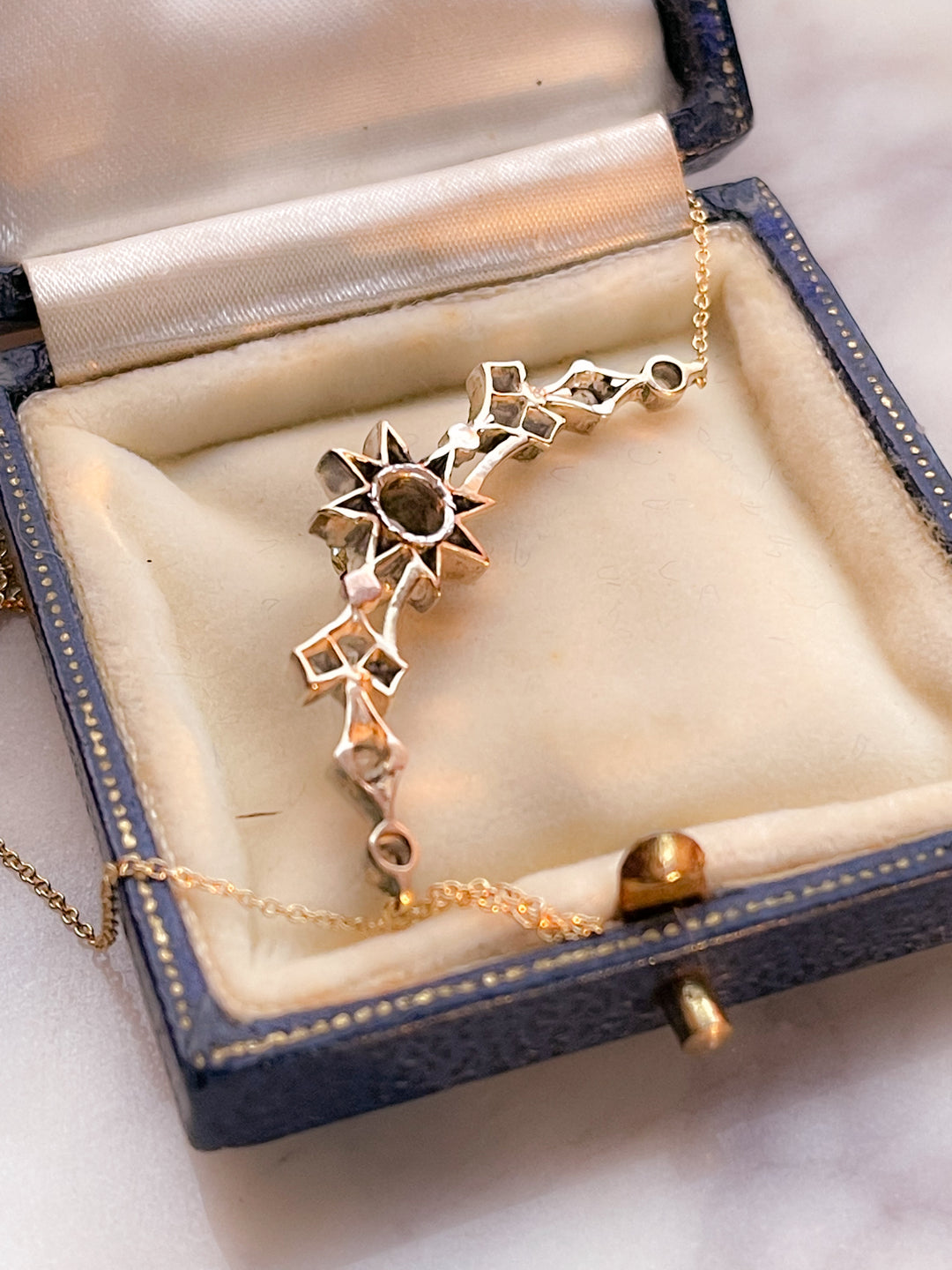 Outstanding Victorian Star-in-Crescent Necklace *include blue and yellow ribbon*