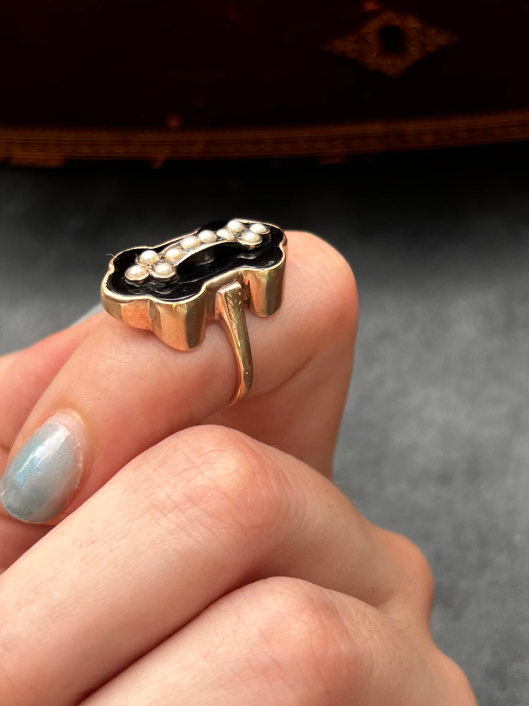 Black Chalcedony and Pearl Ring in 14k