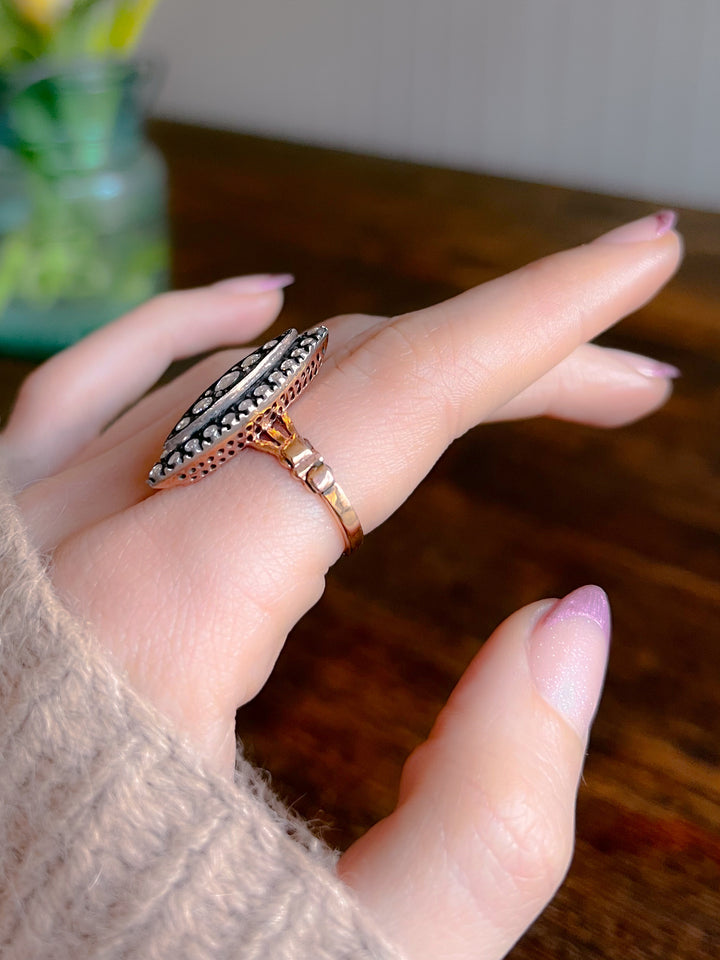 Superb Victorian Rose Cut Diamond Navette Ring in 14ct
