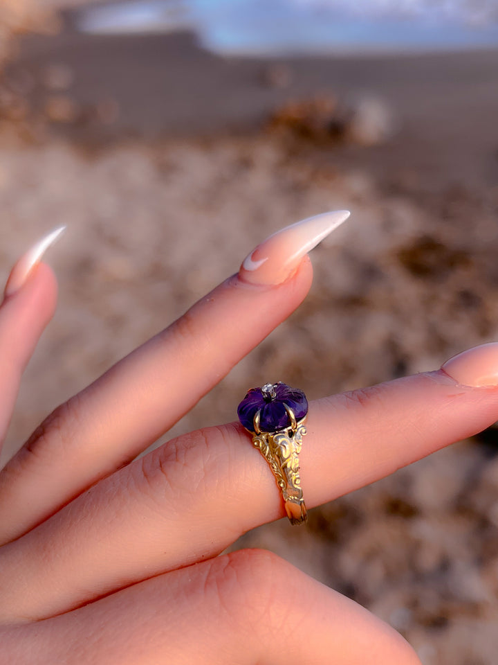 Exceptional Late 19th C Carved Amethyst Flower Conversion Ring