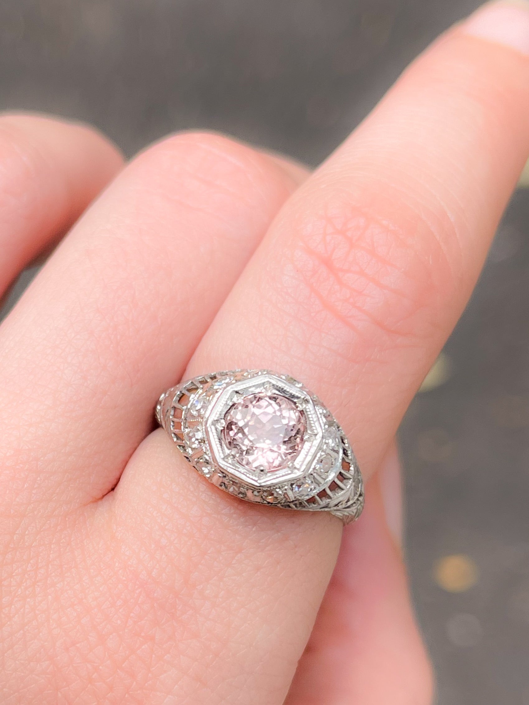 Art Deco Platinum Ring with Pink .90ct Tourmaline and Diamonds