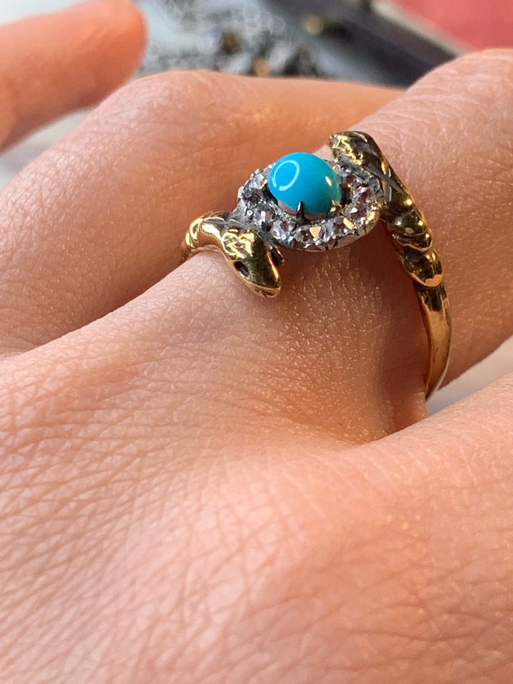 “The Serpent and the Egg” Turquoise & Diamond Snake Ring in 14k