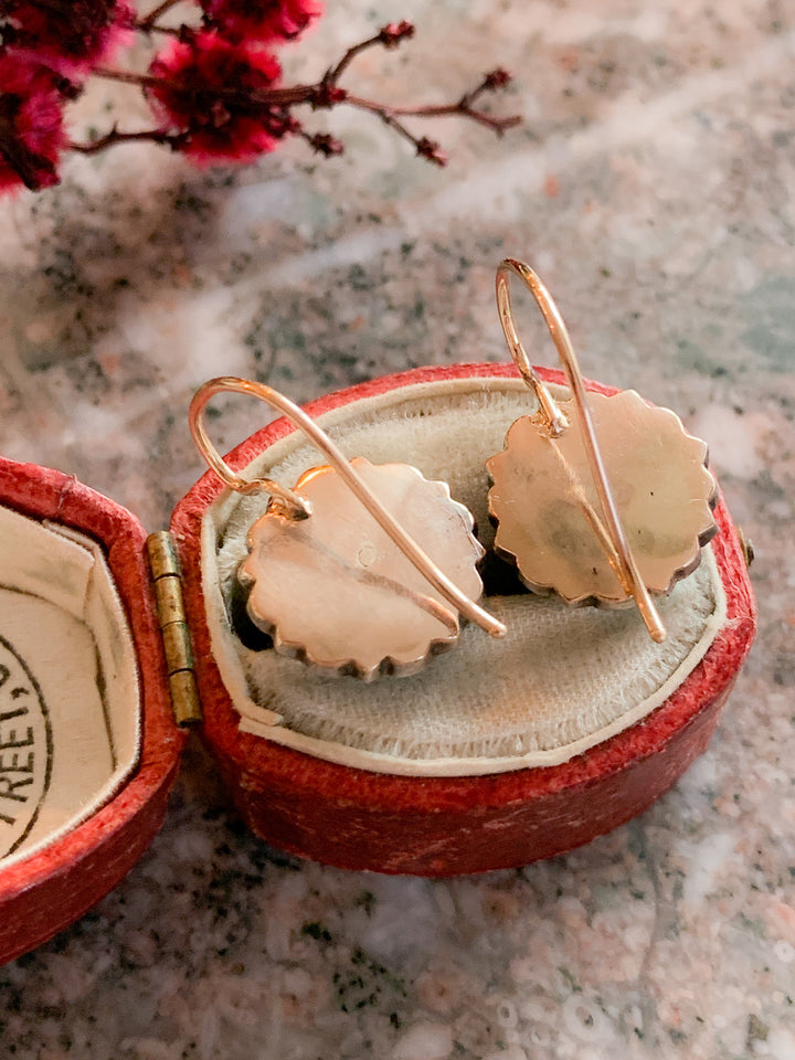 *White Ribbon* Exceptional Victorian Turquoise and Rose-Cut Diamond Earrings in 15k