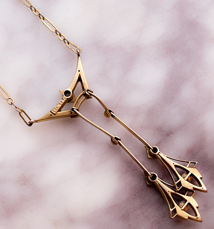 Exceptional Pre-Deco Sapphire and Pearl Lavaliere Necklace in 9k