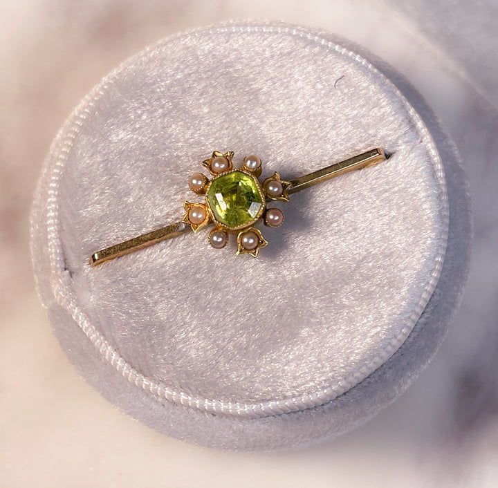 Delicious Octagonal-Cut Peridot Brooch with Pearls and Maltese Cross Cut